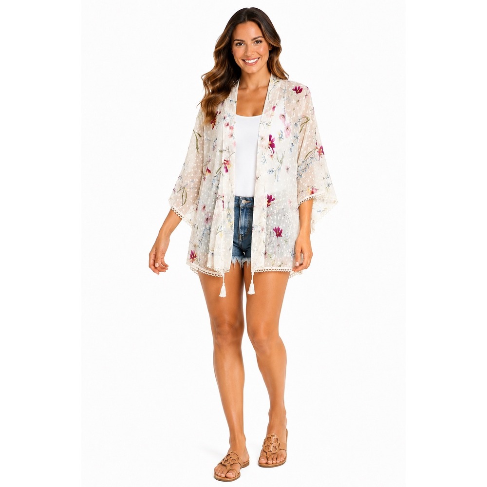 Sheer Floral Kimono Cardigan L/XL Ivory Swiss Dot‎ Boho Duster Cover Up